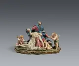 A carved wood Pietà with mourning angels, South German or Austrian, first half 18th century by South Germany or Austria 1st half 18th century, Fruitwood, carved in the round and partially freestanding. With original polychromy. This small sculpture depicts the mo, sold May 2025