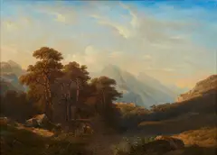 Extensive Swiss Alpine Landscape with Calm Waters in the Foreground by François Diday, Oil on canvas, sold May 2025
