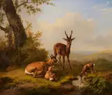 Eugène Verboeckhoven, Landscape with Deer by a Stream