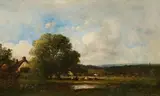 Léon-Victor Dupré, Landscape with Cows by the Water, Oil on canvas (relined)