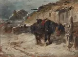 Adolf Schreyer, Village Street with a Horse, Oil on panel