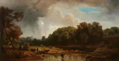 Eduard Schleich the Elder, Cows at the trough as a storm approaches, Oil on canvas