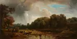 Eduard Schleich the Elder, Cows at the trough as a storm approaches, Oil on canvas