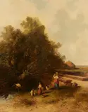 Pál Böhm, A Family Resting by a Stream, Oil on panel