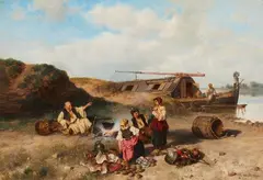 Pál Böhm, Resting fishermen on the banks of the Tisza, Oil on panel