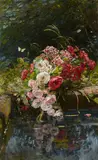 Anna Peters, Roses and Sweet Williams by a Well, Oil on canvas