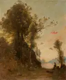 Paul Désiré Trouillebert, Landscape with a female brushwood collector, Oil on canvas