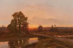 Victor Korecki, Evening River Landscape with a Bridge, Oil on canvas