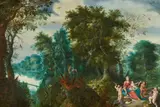 Alexander Keirincx, Rest on the Flight into Egypt with Angels serving Fruit, Oil on panel (parquetted)