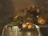 Adriaen Jansz Kraen, Still Life with a Rummer, a toppled Silver Tazza, Peaches and Plums on a Pewter Dish, Strawberries in a Porcelain Bowl, Pastries and Bread, Oil on panel