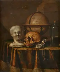 Vanitas Still Life with a Skull, Bust, Clock, Globe and Bottle by Edwaert Collier, Oil on panel, sold May 2025