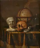 Edwaert Collier, Vanitas Still Life with a Skull, Bust, Clock, Globe and Bottle, Oil on panel