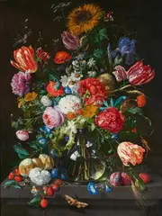 Jan Davidsz. de Heem, Still Life with Flowers and Fruits on a Stone Ledge, Oil on canvas