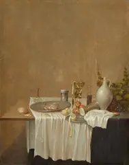 Gerrit van Vucht, Still Life with a Stoneware Jug, Glasses, Fruit, a Prawn and Bread, Oil on panel