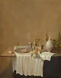 Gerrit van Vucht, Still Life with a Stoneware Jug, Glasses, Fruit, a Prawn and Bread, Oil on panel