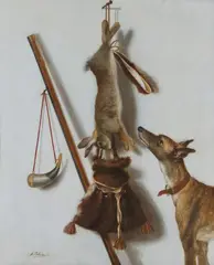 Jacobus Biltius, Trompe-l'œil with a Rabbit, Hunting Equipment and a Hunting Dog against a White Wall, Oil on canvas (relined)