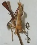 Jacobus Biltius, Trompe-l'œil with Hares, Hunting Equipment and a Hunting Dog against a White Wall, Oil on canvas (relined)