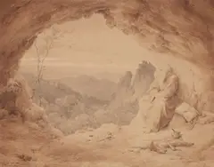 Hermit in a Cave by Karl Friedrich Lessing, Pen and brush in brown over pencil, sold May 2025