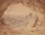 Karl Friedrich Lessing, Hermit in a Cave, Pen and brush in brown over pencil