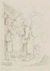 Ludwig Richter, "Haderlump" (Beggar), speaking to a peasant couple
(verso: Christ), Pencil
