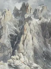 Edward Theodore Compton, Cima di Fiocobon and Cima di Campido from the north-west part of the Altipiano delle Pale di San Martino, Watercolour