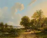 Barend Cornelis Koekkoek, River Landscape with Horsemen and Travellers, Oil on canvas (relined)