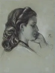 Anselm Feuerbach, Portrait of a Young Woman in Profile, Chalk in black and white on blue tinted paper with watermark (coat of arms shield with high crown)