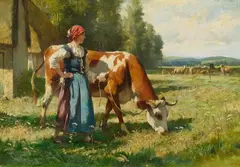 Julien Dupré, Landscape with a Maid and a Cow, a Flock of Sheep in the Background, Oil on canvas