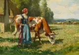 Julien Dupré, Landscape with a Maid and a Cow, a Flock of Sheep in the Background, Oil on canvas