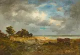 Narcisse Díaz de la Peña, Large Pond with Farm and Boat (Bord d'un large étang avec ferme et bateau), Oil on panel