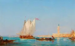 Félix Ziem, Ships and Gondolas in the Venice Lagoon, Oil on panel