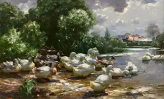Ducks at the Village Pond by Alexander Koester, Oil on canvas, sold May 2025