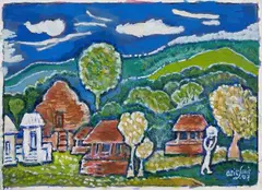 Smit Arie, A temple amidst houses in a hilly landscape. 2007, Oil on canvas, mounted on hardboard. Signed and dated to the lower right: Arie Smit 07. Framed