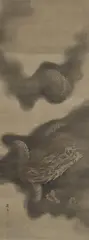 Keibun, Fuji and two dragons, Hanging scrolls (triptych). Mount Fuji in the centre, on the right an ascending dragon in clouds, on the left a descending dragon. Ink and gold on silk. Signed and sealed: Keibun. Three wooden boxes. (3) Each around