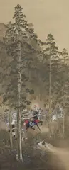 Kodō Yamanaka, Samurai at night, A hanging scroll depicting a group of samurai on horseback riding through a cedar forest at night, in the centre Yoshitsune on his black horse and recognisable by his sword scabbard covered with tiger skin, on the left Benkei with a white headscarf. Ink and colours on silk. Signed Kodō and sealed. Wooden box