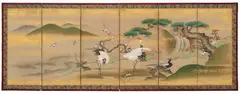 Kanō Naganobu, Pair of low, six-panelled screens, Various birds (cranes, pheasant, long-tailed bird and sparrows (?) in a landscape with pine, camellia, sasa, white and red flowering plum trees and bamboo as well as a long stream. Ink, colours, and gold on silk. Signed Isen'in hōin hitsu, one screen sealed Genshōsai, the other sealed Naganobu