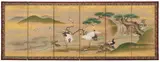 Kanō Naganobu, Pair of low, six-panelled screens, Various birds (cranes, pheasant, long-tailed bird and sparrows (?) in a landscape with pine, camellia, sasa, white and red flowering plum trees and bamboo as well as a long stream. Ink, colours, and gold on silk. Signed Isen'in hōin hitsu, one screen sealed Genshōsai, the other sealed Naganobu