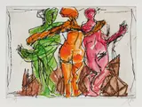 Markus Lüpertz, Die drei Grazien, Around 2018, Drypoint etching and woodcut, watercoloured, on card