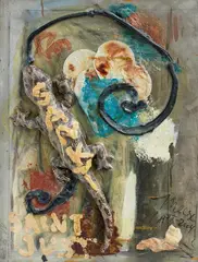 Baby + Echse = Hexe (FRISS oder Stirb) by Jonathan Meese, 1975-2004, Mixed media and collaged plushie on canvas, sold Nov 2024