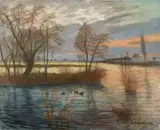 Otto Modersohn, Überschwemmung im alten Dorf (Die Sagehorner Landstraße bei Hochwasser), 1938, Oil on canvas