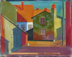 Otto Möller, Häuserfront. Zwei Wäscherinnen, 1912/1930, Oil on canvas, double-sided