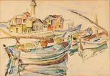 Mela Muter, Boote am Hafen, Watercolour on wove paper with watermark "Arches"