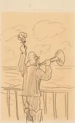 René Magritte, Homme à la rose et au cor de brume. Homme fumant la pipe. Rose. Verso: Tour racinée., Four pencil drawings on paper. Three sheets from a sketchbook with perforation at upper edge, one sheet double-sided. Each 16.9 x 10.4/