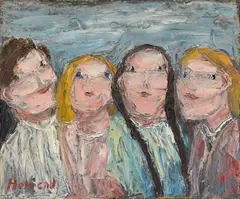 Gruppe kleiner Mädchen by Clifford Holmead Phillips, 1971, Oil on canvas, mounted on wood, sold Nov 2024
