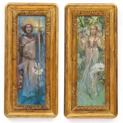 Alphonse Mucha, Jeanne d'Arc. Vor der Schlacht/Jeanne d'Arc. Erscheinung, 1908/09, Each pastel and gouache on firm, brownish paper