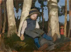 Paula Modersohn-Becker, Sitzender Junge mit Strohhut unter Birken, 1904, Oil on cardboard, mounted on wooden panel