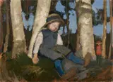 Paula Modersohn-Becker, Sitzender Junge mit Strohhut unter Birken, 1904, Oil on cardboard, mounted on wooden panel