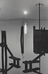 Toni Schneiders, Balkenschrift im Wasser, Fährhafen Mersburg, 1948, Vintage ferrotyped gelatin silver print on Agfa-Brovira paper