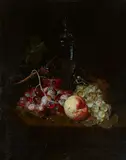 Dutch School around 1620, Still life with Glass Goblet, Grapes, a Peach, Butterfly, Snail and an Ant, Oil on panel