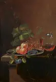 German School 18th century, Pair of Still lifes with Fruit and Wine, Oil on panel. 21 x 15 and